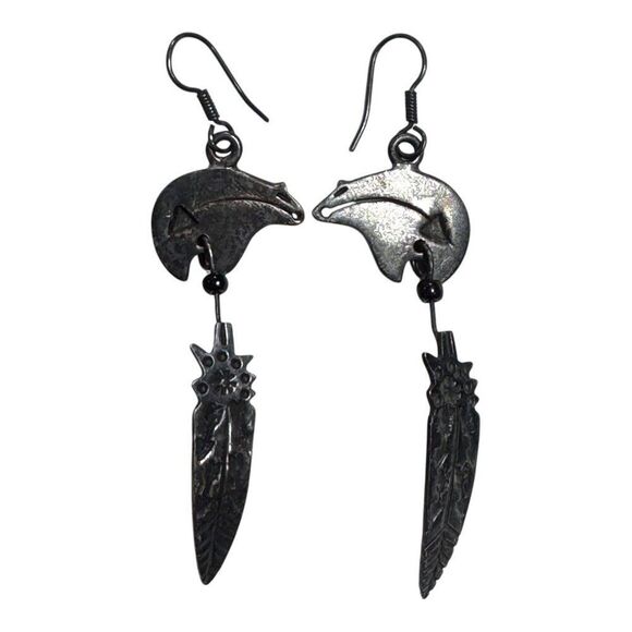 Vintage Sterling Silver Fetish Bear & Feather Dangle Earrings With Tribal Design - Picture 2 of 9